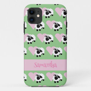 Capa Para iPhone 11 Cartoon Bonito Ovino Cor-de-Rosa Padrão Verde