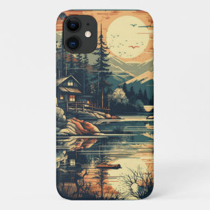 Capa Para iPhone 11 Casa de montanha com Arte Retro Escandinava