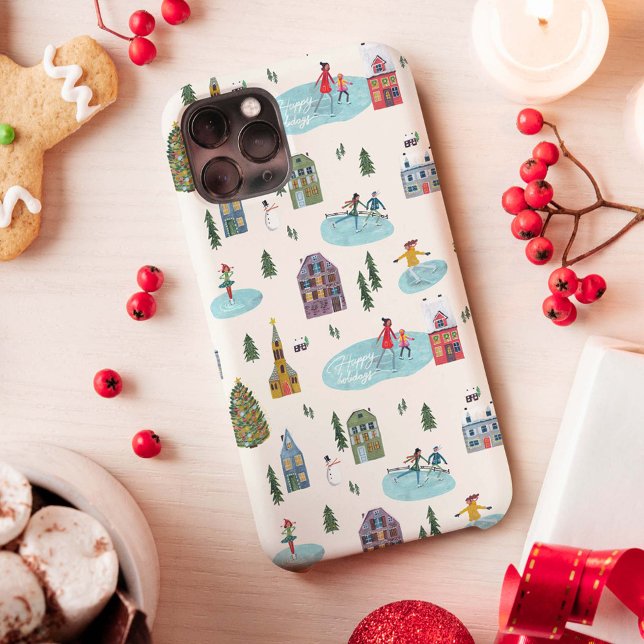 Capa Para iPhone 11 Casas bonitas de inverno com pessoas de patinagem (Criador carregado)