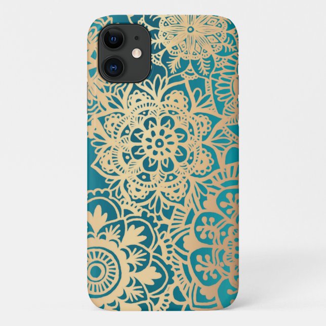 Capa Para iPhone 11 Caso de Padrão de Mandala Verde e Dourado (Verso)