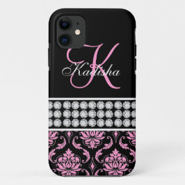 Capa Para iPhone 11 Caso do Monogram Name Black Pink Damask iPhone 5