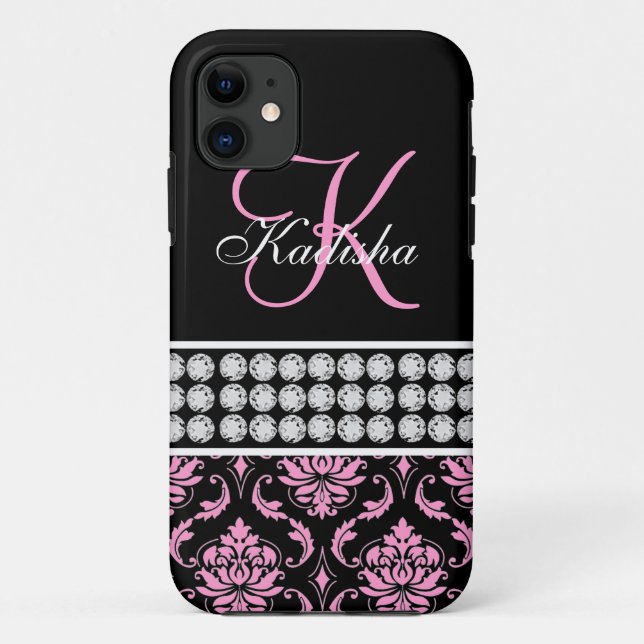 Capa Para iPhone 11 Caso do Monogram Name Black Pink Damask iPhone 5 (Verso)