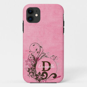Capa Para iPhone 11 Caso resistente floral cor-de-rosa Monogrammed do