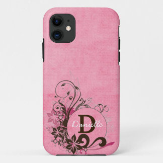 Capa Para iPhone 11 Caso resistente floral cor-de-rosa Monogrammed do