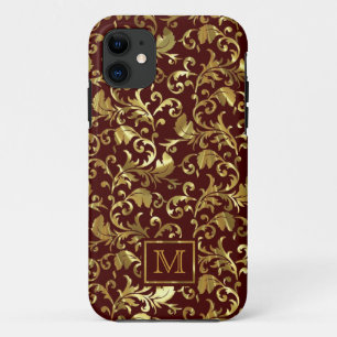 Capa Para iPhone 11 Castanho Escuro E Dourado Damáscaras Vintage
