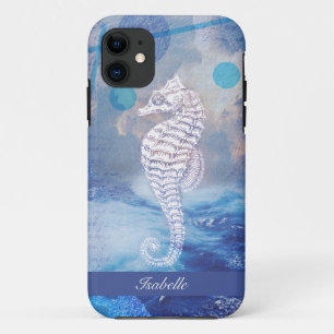 Capa Para iPhone 11 Cavalo-Marinho Vintage Elegante Ondas do Oceano Az