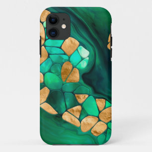 Capa Para iPhone 11 Células de Voronoi abstrato - verdes e ouro