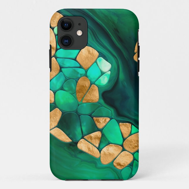 Capa Para iPhone 11 Células de Voronoi abstrato - verdes e ouro (Verso)