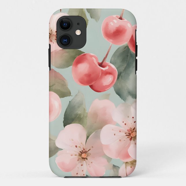 Capa Para iPhone 11 Cerejeiras e cerejas Arte da Primavera  (Verso)