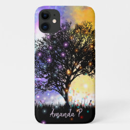 Capa Para iPhone 11 Céu arco-íris cósmico com árvore da silhueta preta