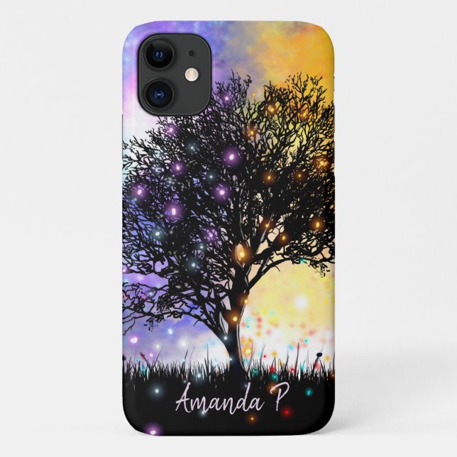 Capa Para iPhone 11 Céu arco-íris cósmico com árvore da silhueta preta (Verso)