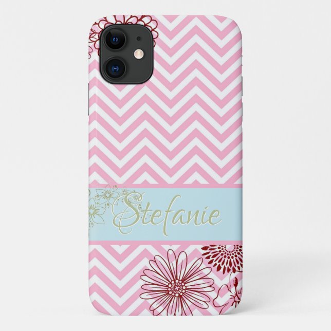 Capa Para iPhone 11 Cevrons e flores cor-de-rosa (Verso)