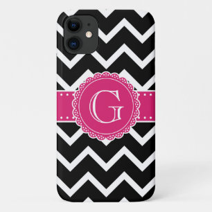 Capa Para iPhone 11 Chevon Preto de Monograma com Flor Rosa Quente