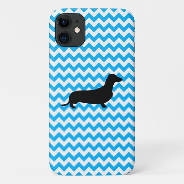 Capa Para iPhone 11 Chevron Azul Bebê Com Silhueta Dachshund (Verso)