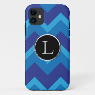 Capa Para iPhone 11 Chevron azul triplo L monograma de prata de Caslon