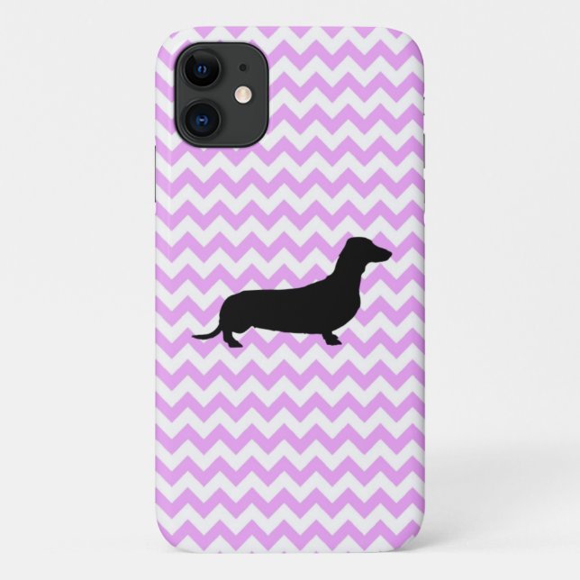 Capa Para iPhone 11 Chevron Rosa Com Silhueta Dachshund (Verso)