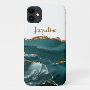 Capa Para iPhone 11 Chic Dourado Marble Geode Teal Blue Modern Name