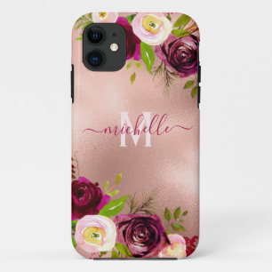 Capa Para iPhone 11 Chic Elegant Burgundy Blush Nome Floral Rosa
