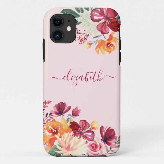 Capa Para iPhone 11 Chic Elegant Burgundy Pink Orange Floral (Verso)