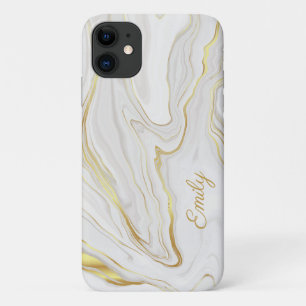 Capa Para iPhone 11 Chic Girly Dourado e White Marble Personalize Name