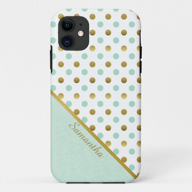 Capa Para iPhone 11 Chic Mint and Gold Polka Dots  (Verso)