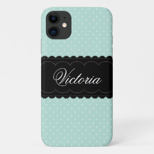 Capa Para iPhone 11 Chic Mint Bolinhas Black Design Nome Personalizado
