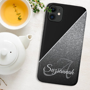 Capa Para iPhone 11 Chic Name Monograma Black Silver Glitter Ombre