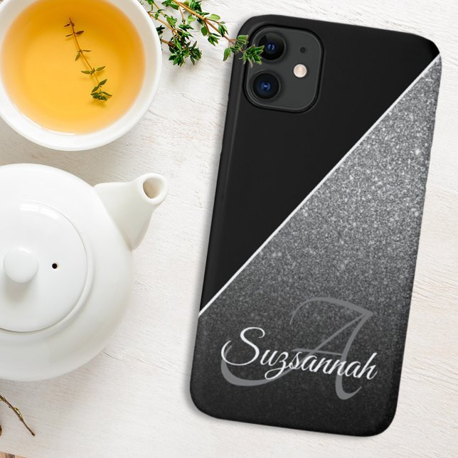 Capa Para iPhone 11 Chic Name Monograma Black Silver Glitter Ombre (Criador carregado)