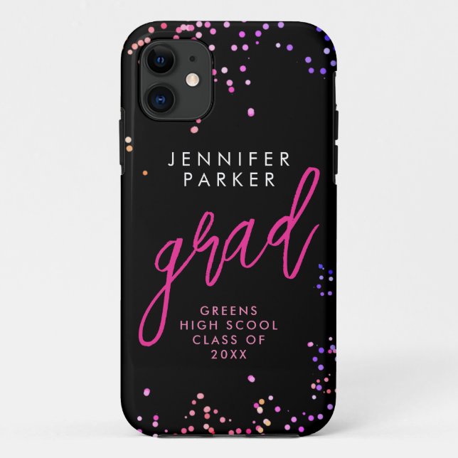 Capa Para iPhone 11 Chic Preto Rosa Confete Escola Graduada Moderno Sc (Verso)
