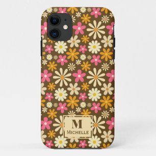 Capa Para iPhone 11 Chic Retro 70s Groovy Hippie Flower Monograma