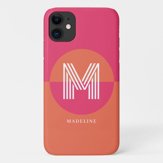 Capa Para iPhone 11 Chic Retro Pink Orange Geometric Modern Monogram (Verso)