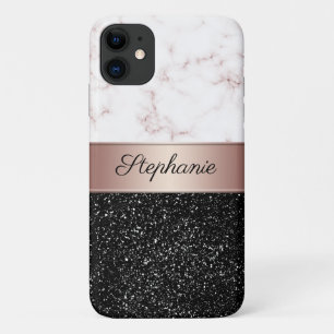 Capa Para iPhone 11 Chic Rosa Dourado Marble Black Glitter Add Name