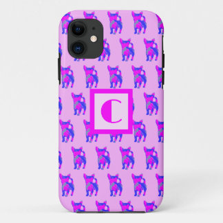 Capa Para iPhone 11 Chihuahua Cachorro Cachorro Rosa Azul Monograma