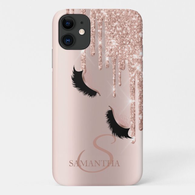 Capa Para iPhone 11 Cílios Postiços Brilho Drips Rosa Dourado (Verso)