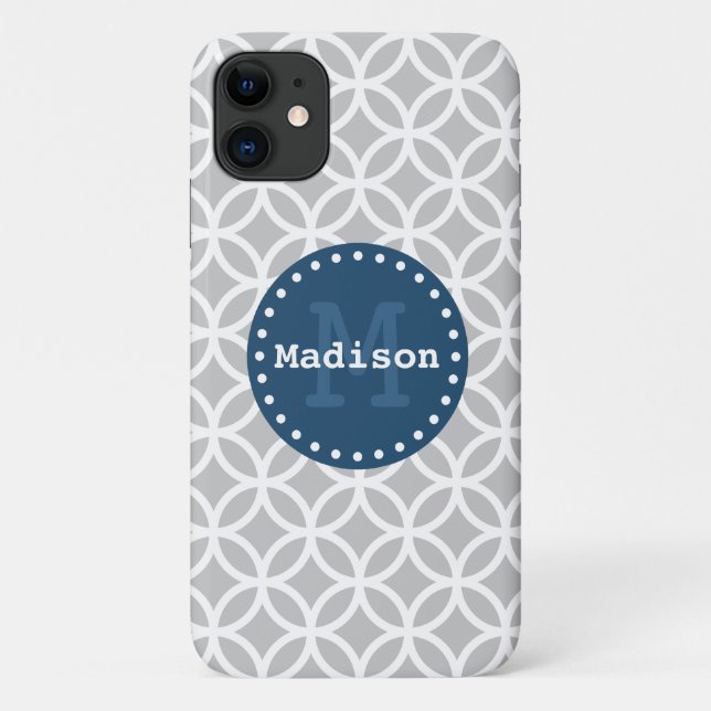 Capa Para iPhone 11 Cinza Azul Branco Círculos Modernos Monograma (Verso)
