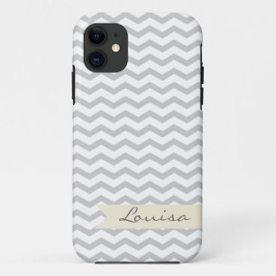 Capa Para iPhone 11 Cinza Chevron com rótulo personalizado bege