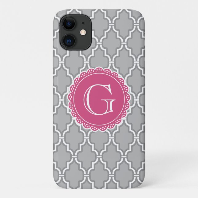 Capa Para iPhone 11 Cinza Lattice Monograma Rosa Floral (Verso)