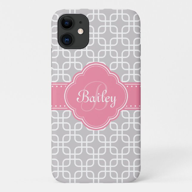Capa Para iPhone 11 Cinza Mod Monograma de Quatrefoil Rosa (Verso)
