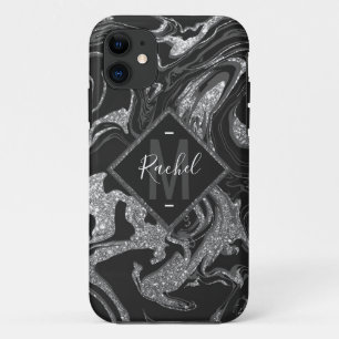 Capa Para iPhone 11 Cinza Negra Moderna Silver Glitter Marble