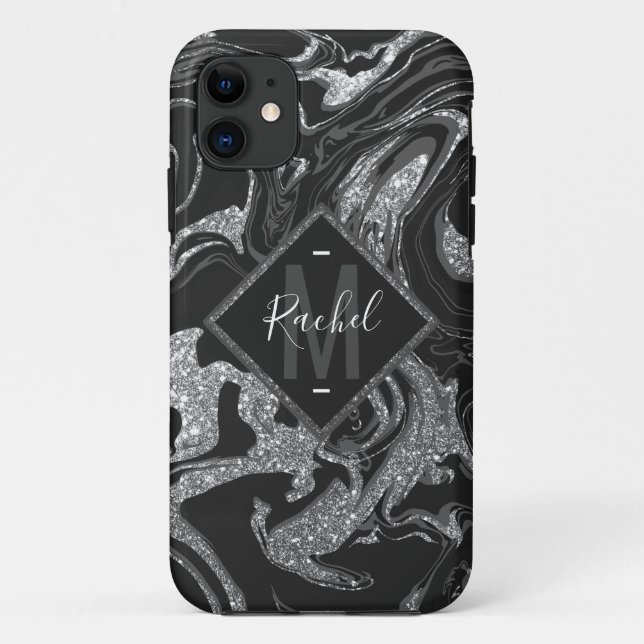 Capa Para iPhone 11 Cinza Negra Moderna Silver Glitter Marble (Verso)