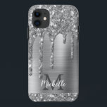 Capa Para iPhone 11 Cinza Prateada Monogramada Glitter Glitter Gliers<br><div class="desc">A cinza cintilante prateada moderna goteja nome e capas de iphone monograma. Este design apresenta pingos de brilho de cinza prateada em fundo de metal escovado de cinza com modelo de texto personalizado monograma inicial e nome próprio personalizado. Presente feminino perfeito. Se precisar de ajuda ou itens correspondentes, entre em...</div>