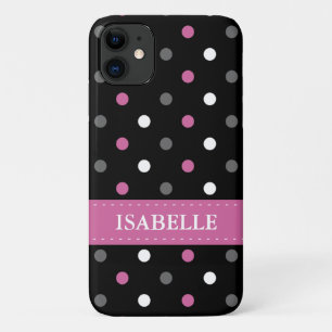Capa Para iPhone 11 Cinza rosa, Bolinhas preta e branca