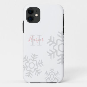 Capa Para iPhone 11 Cinza Rosa-Chic Monograma com Floco de Neve em Bra