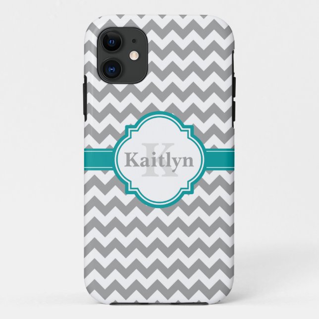 Capa Para iPhone 11 Cinza Teal Chevron Pattern & Marroquino Quatrefoil (Verso)