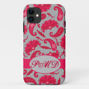 Capa Para iPhone 11 Cinza Vermelha Deco Parisiense Paisley Monograma