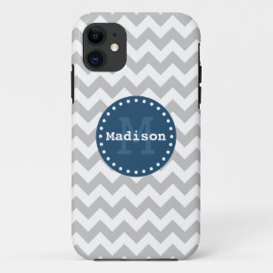 Capa Para iPhone 11 Cinza White Blue Chevron Zigzag Monograma