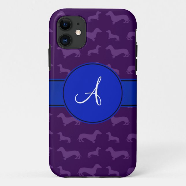Capa Para iPhone 11 Círculo azul de dachshund roxo monograma (Verso)