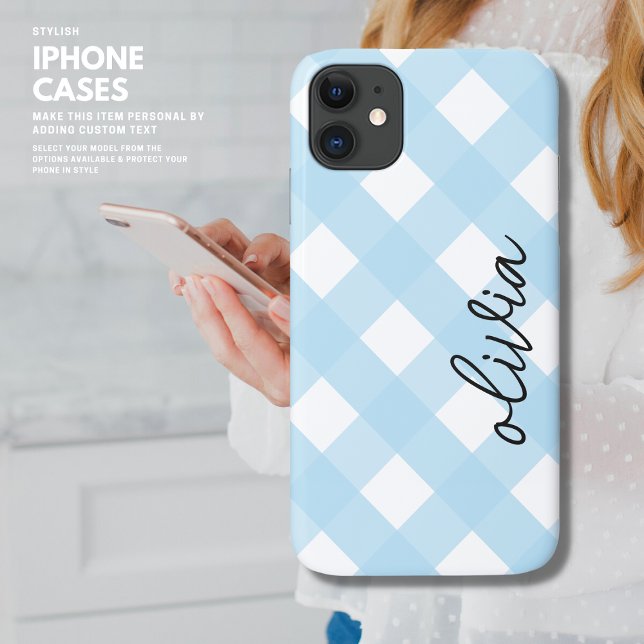 Capa Para iPhone 11 Clássico Gingham Xadrez Buffalo Cheque Azul Pálido (Criador carregado)