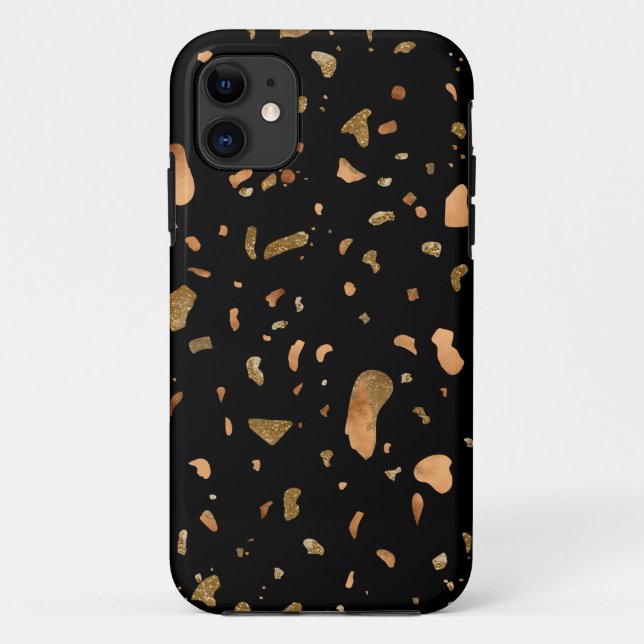 Capa Para iPhone 11 Cobre Dourado na Pedra Negra Terrazzo (Verso)