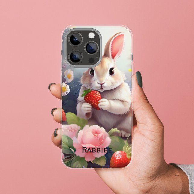 Capa Para iPhone 11 Coelhinho de Aquarela Bonito com Morango e Floral (Criador carregado)